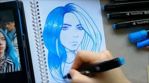 GOING BLUE ?! Рисую портрет Billie Eilish только голубым цветом но разными материалами