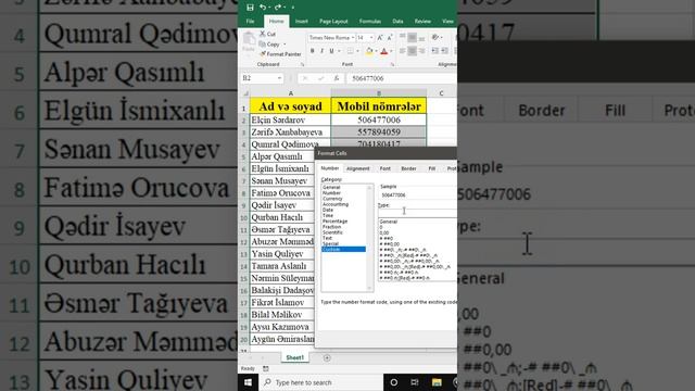 Mobil nömrə formatına çevirmə - Excel fəndi #3