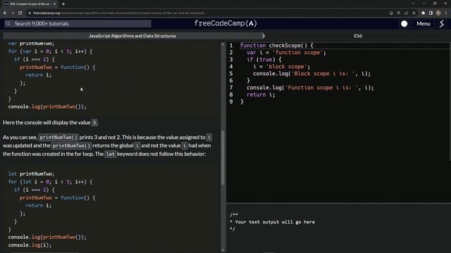 JavaScript ES6 1: Compare Scopes of the var and let Keywords | FreeCodeCamp