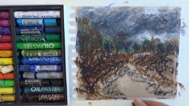 ?Осенний пейзаж масляной пастелью на крафт бумаге? Oil pastel MUNGYO синяя упаковка