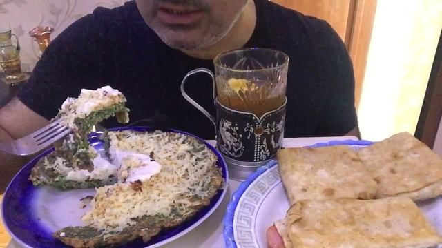 ASMR Azerbaijani kukyu and pancakes with melted cheese and milk sausages смотреть онлайн