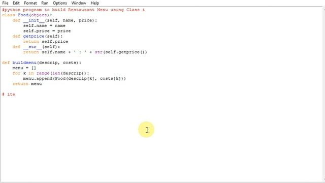 python program to build Restaurant Menu using Class