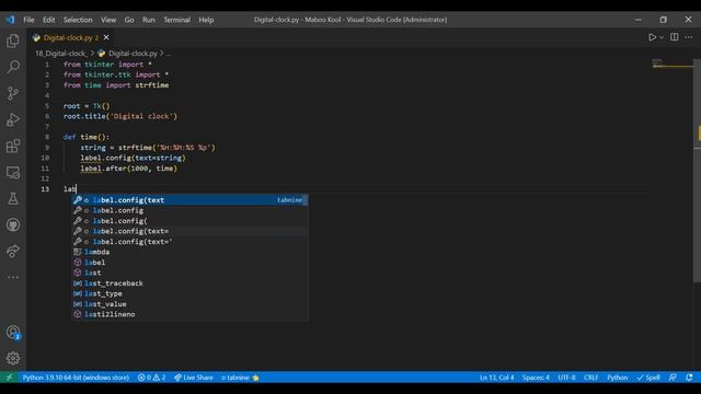 Make a digital clock in Python Tkinter | Python Tkinter | Maboo Kool