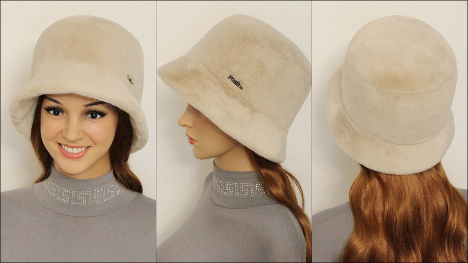 Женская шляпка "Панама" из искусственного меха (из экомеха) бежевого цвета