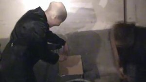 Female robber with nylon pantyhose mask over the head