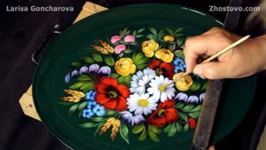 Рисуем цветы на Жостовском кованом подносе. Букет на зеленом фоне. Лариса Гончарова из Жостово