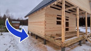 Дом из бруса под усадку 6х8 м² с террасой 2×6 м² п. Моторное || Как проходит стройка брусовых домов?