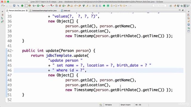 Spring framework Tutorial (122 Step 11 Implementing insert and update Spring JDBC Update Methods) смотреть онлайн