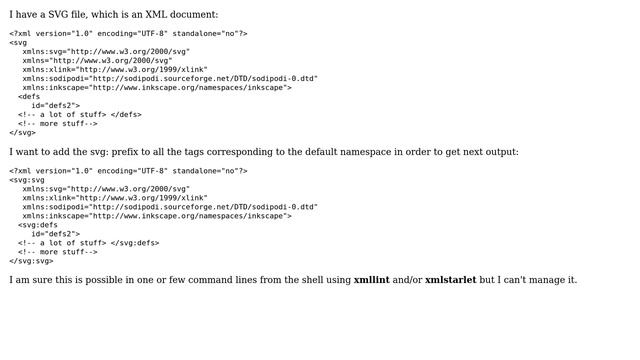 I want to add a namespace prefix to the tags of the default name space of an XML document from... смотреть онлайн