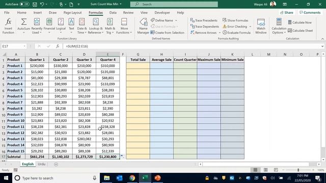Sum Average Count Max Min Functions in Excel