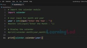 Write Python Program to Display Calendar for Month and Year