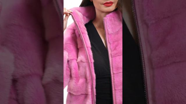 Mink Bomber Jacket with Stand Collar Horizontal Design Color Fuchsia