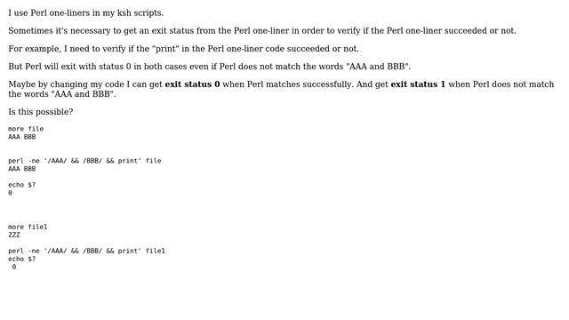 Linux + exit status from Perl one-liner code