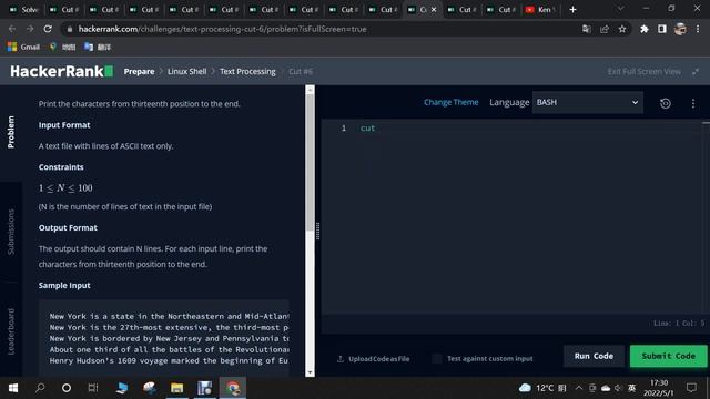 Cut #1,2,3,4,5,6,7,8,9 Linux Shell Text Processing Hacker Rank Solution in BASH