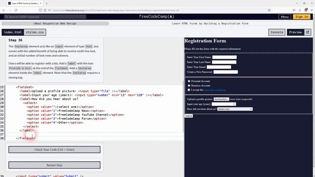 Free Code Camp Walkthrough 4 | HTML/CSS - Building a Registration Form
