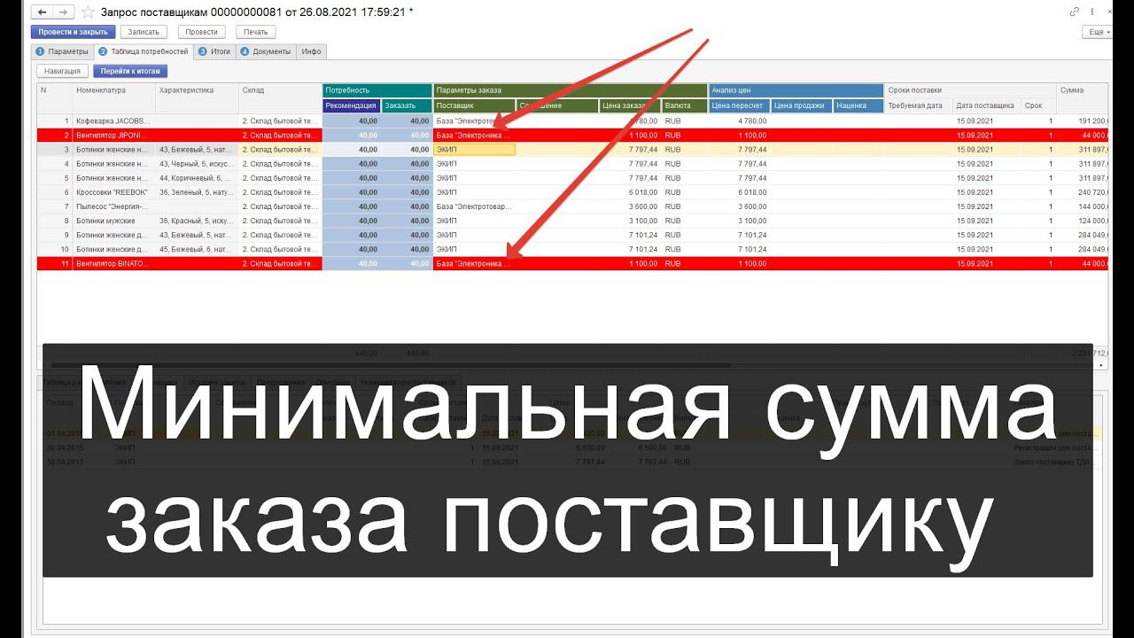 Minmax: Минимальная сумма закупки в поставщиков в 1С смотреть онлайн