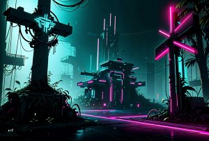 Кладбище в стиле киберпанк (Cyberpunk). Нейросеть, AI, cemetery.