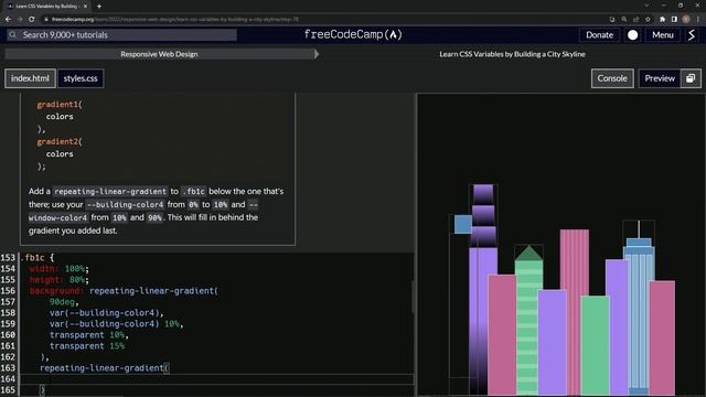 Learn CSS | FreeCodeCamp Learn CSS Variables by Building a City Skyline - Step 78