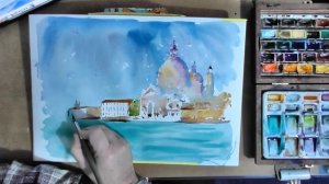 Venice watercolour painting speed video. Basilica di Santa Maria Della Salute Venice.