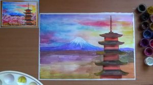 Как нарисовать Японию весной. Гора Фудзияма весной. Японская пагода. Гуашь