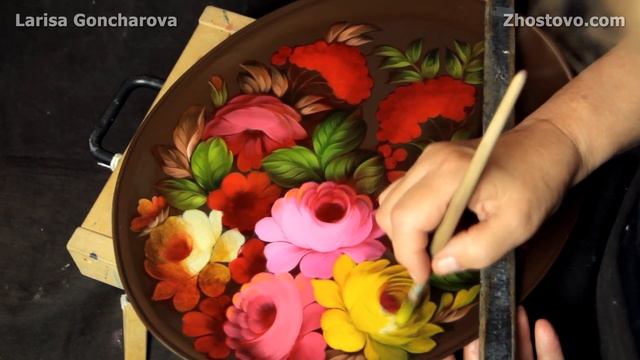 Рисуем цветы на Жостовском кованом подносе. Букет на коричневом фоне. Лариса Гончарова из Жостово смотреть онлайн