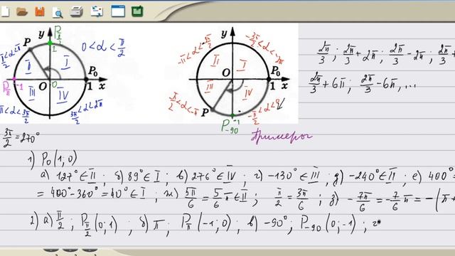 Найти координаты точки единичной окружности полученной при повороте точки Ро(1;0) на угол π, 450°.. смотреть онлайн