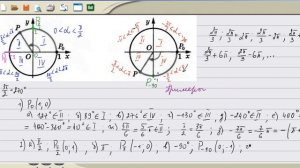 Найти координаты точки единичной окружности полученной при повороте точки Ро(1;0) на угол π, 450°..