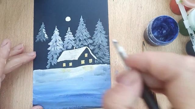 Зимний домик в лесу гуашью. Рисование с детьми