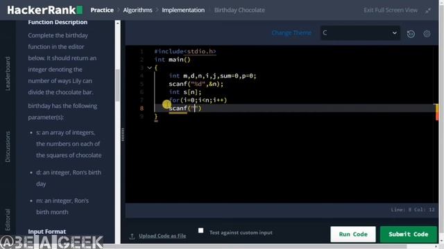 Subarray division hackerrank solution in c @BE A GEEK | Hindi |