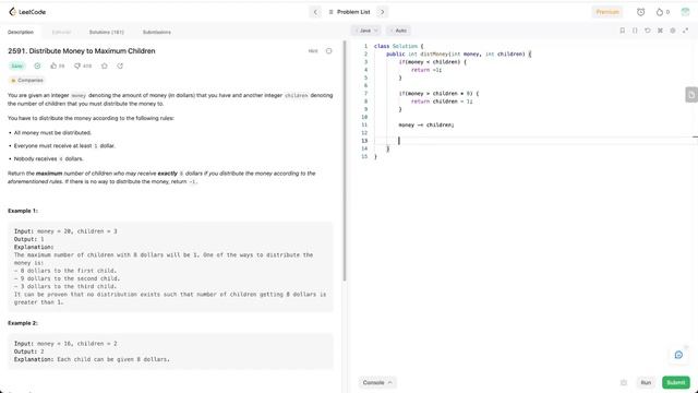 LeetCode 2591 Distribute Money to Maximum Children - Biweekly Contest 100 - Java Solution смотреть онлайн