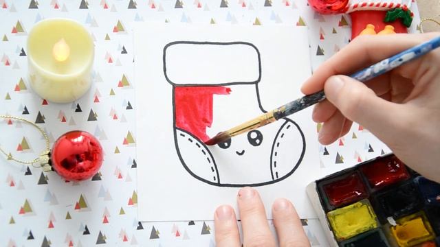 Новогодние РИСУНКИ / Как нарисовать новогодний НОСОК