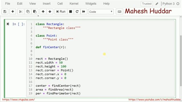 Python Program to center, area and perimeter of the rectangle  - Python Tutorial by Mahesh Huddar