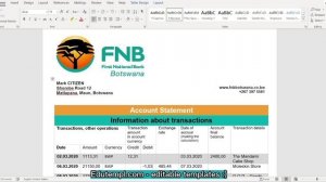 Botswana First National banking statement template in Word and PDF format, good for address prove