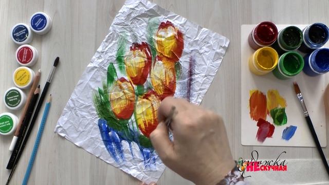 Как нарисовать тюльпаны на мятой бумаге. Гуашь. смотреть онлайн