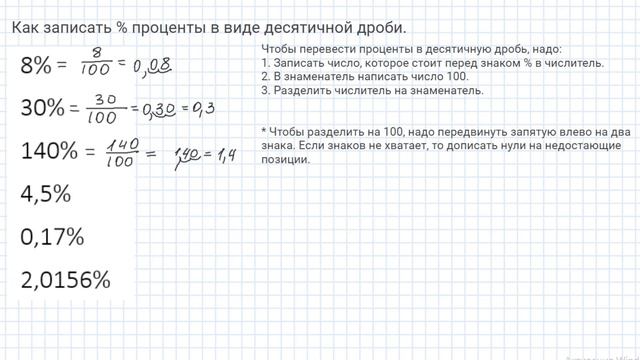 Перевести проценты в десятичную дробь смотреть онлайн