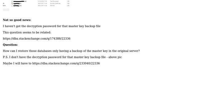 Having a backup of the master key, how can I restore a database that was encrypted by master key?