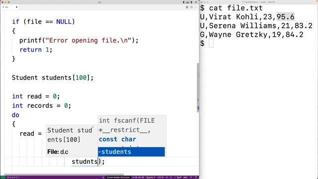 Read CSV File Data Into An Array Of Structs | C Programming Example