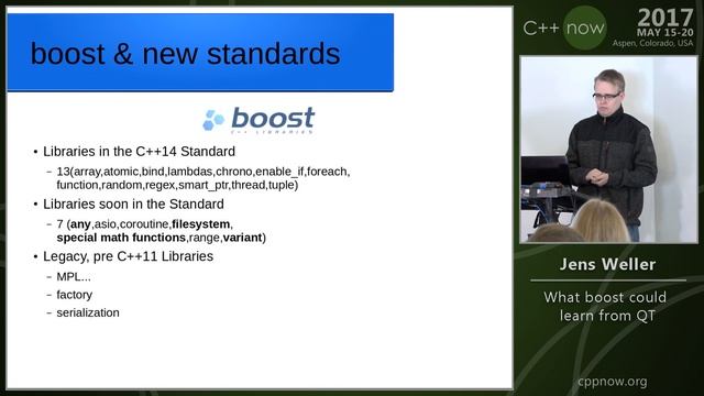 C++Now 2017: Jens Weller "What boost could learn from QT"