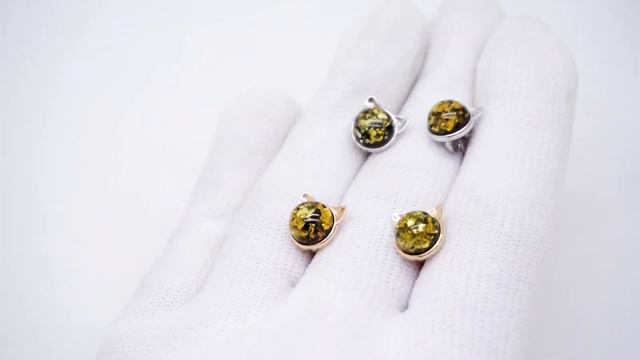 Серьги гвоздики серебряные "Котята" Янтарь балтийский натуральный зелёный серебро кошечки 925 Ag 12