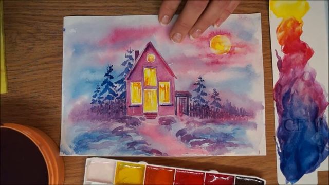 Как нарисовать ЗИМНИЙ ПЕЙЗАЖ. Акварель. смотреть онлайн