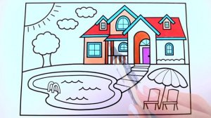 How to Draw a House with a Pool for Kids ??? House with Pool Drawing and Coloring Pages for Kids