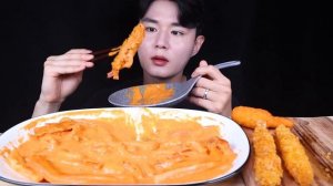 로제 떡볶이 새우튀김 집게살 떡볶이 먹방ASMR MUKBANG ROSE SPICY TTEOKBOKKI & FRIED SHRIMP ロゼ トッポッキ エビフライ eating sound