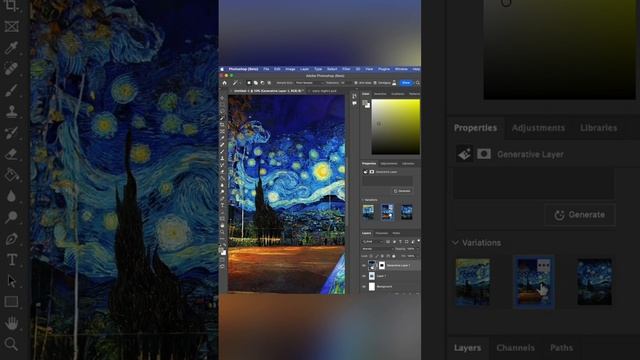 Generative Fill Photoshop Beta expanding Starry Night by Van Gogh in seconds