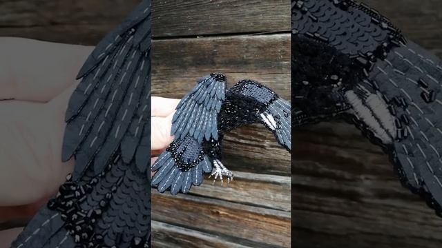 Брошь чёрный ворон. Ворона. Брошь из кожи. Брошь птица