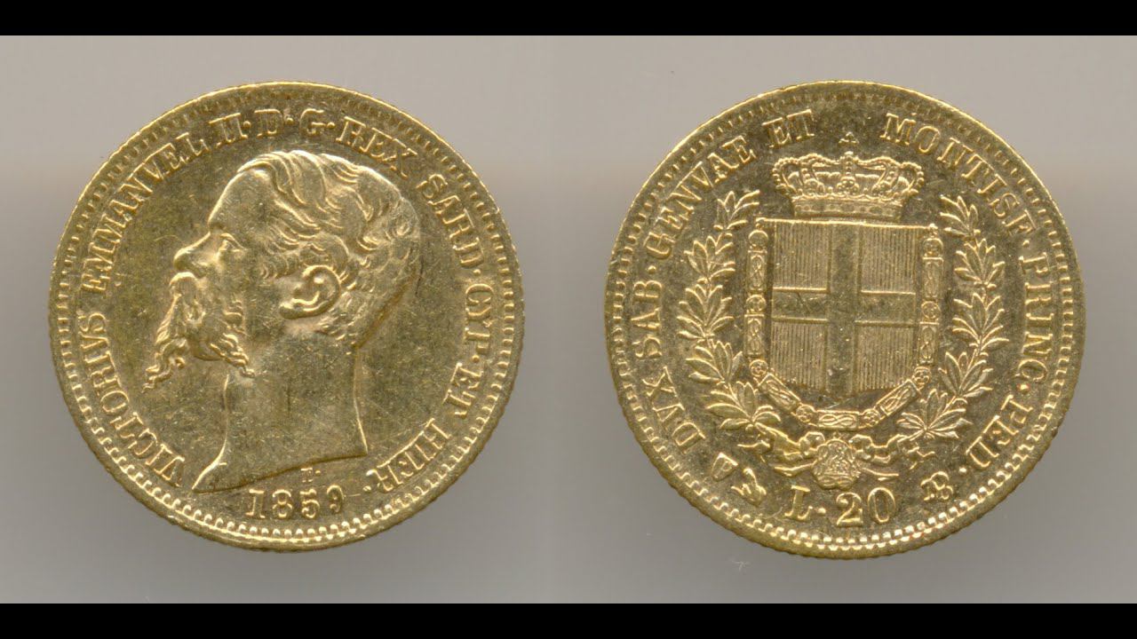 Нумизматика. Золотая монета. Сардиния, 20 лир 1859 года.
