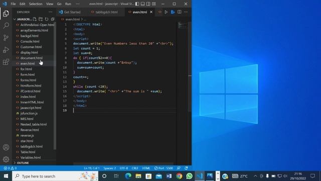 JAVASCRIPT: Display Even Numbers Less than 20 and their Sum  using do... While loop in JavaScript.