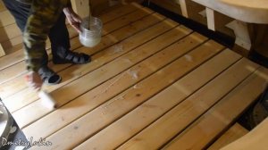 The Floor in the Underground Sauna, Benches and Table. Sauna Underground #16. DIY