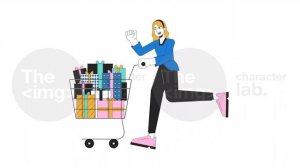 Excited woman pushing shopping cart line 2D character animation