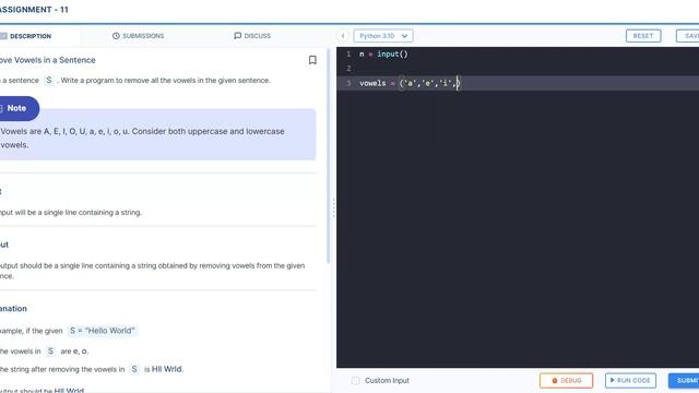ccbp | python | assignment 11 | Remove Vowels In a Sentence