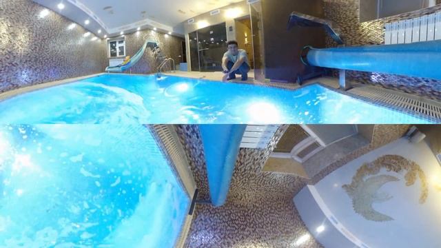 360°гр VR. Полное. Бассейн с гидромассажем, противотоком, гейзер, водопад. Сами меняйте угол обзора
